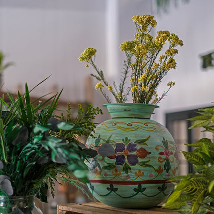 Rund handmålad metallkruka - turkos