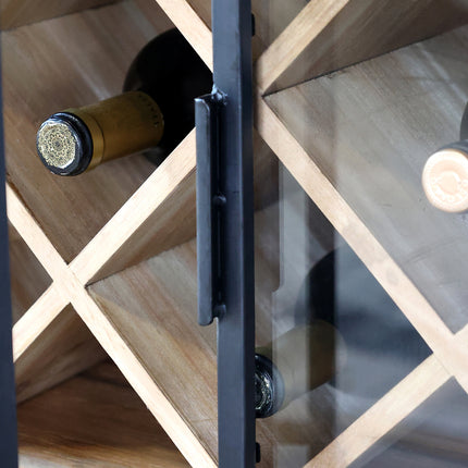 Barskåp i trä och metall med glasdörrar