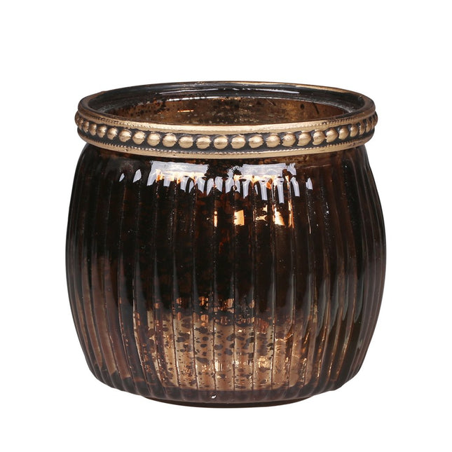 Rund ljuslykta med pärlkant - mocca