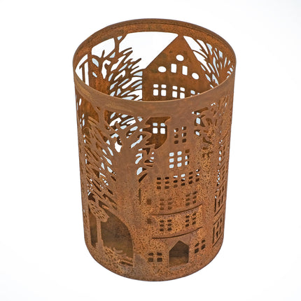 Rostig ljuslykta med stadsmotiv