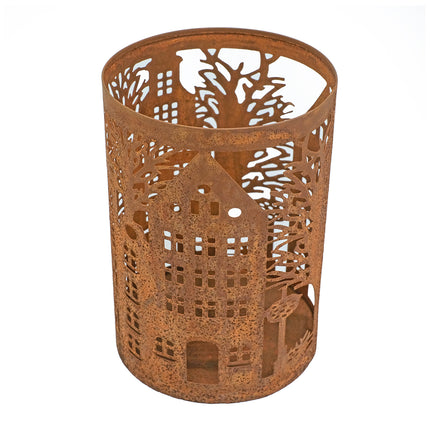 Rostig ljuslykta med stadsmotiv