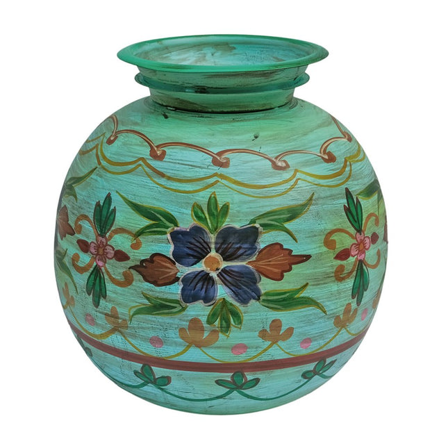 Rund handmålad metallkruka - turkos