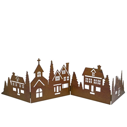 Vikbar stadssiluett i rostig metall