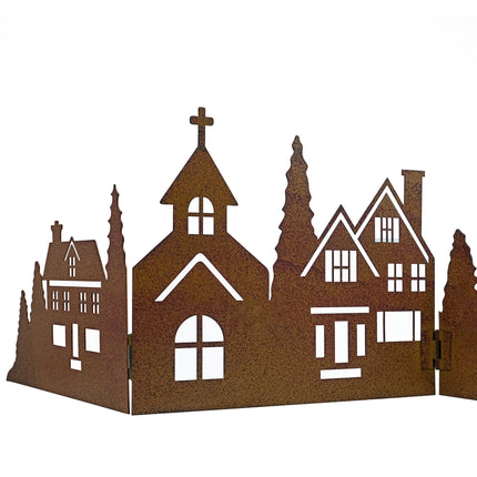 Vikbar stadssiluett i rostig metall